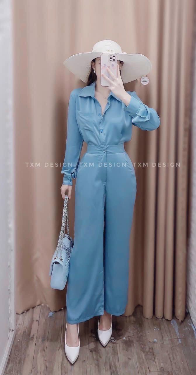 Set bộ sơ mi áo tay dài kèm quần ống rộng chất lụa satin