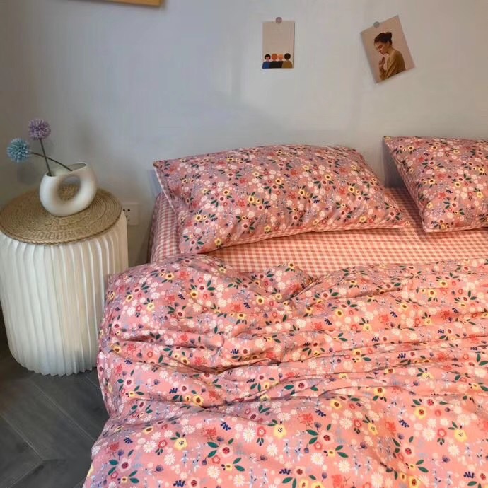 Trọn Bộ 4 Món Cotton Poly Nhập Mẫu HOA NHÍ PHỐI MÀU HỒNG dễ thương