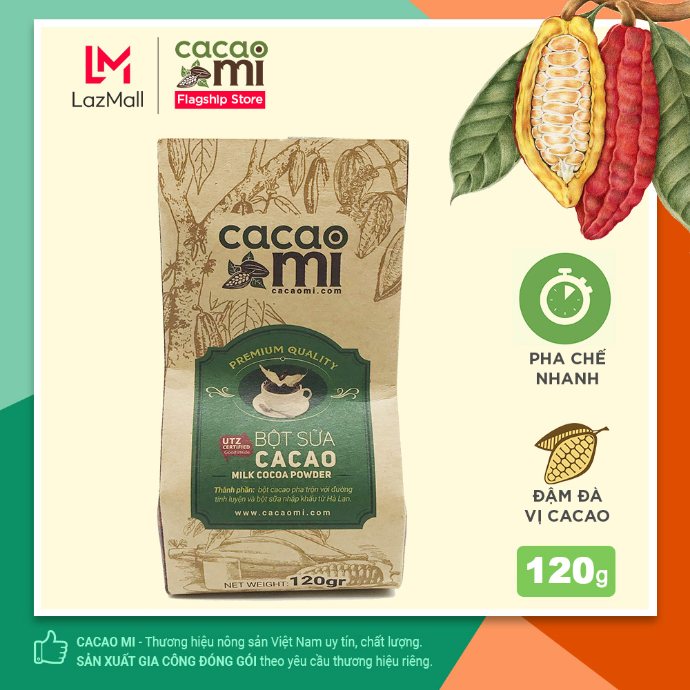 Bột ca cao sữa hòa tan 3in1 CACAOMI đậm đà vị cacao nguyên chất thơm ngon pha chế socola nóng, trà sữa, milo dầm, làm bánh 120gr