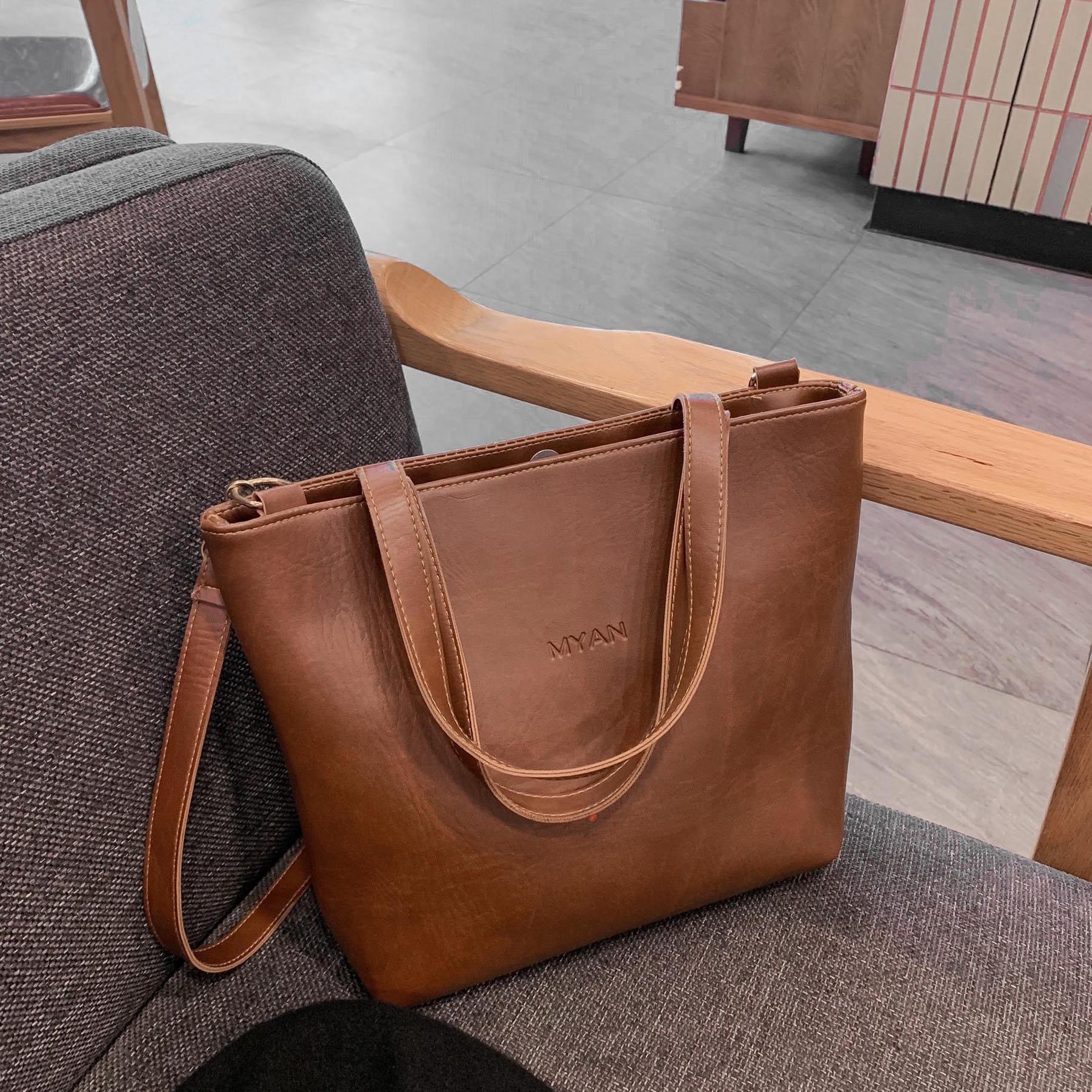 Túi tote da myan túi xách big size quai đeo vai + đeo chéo tháo rời size 26cm x 33cm màu nâu t71901