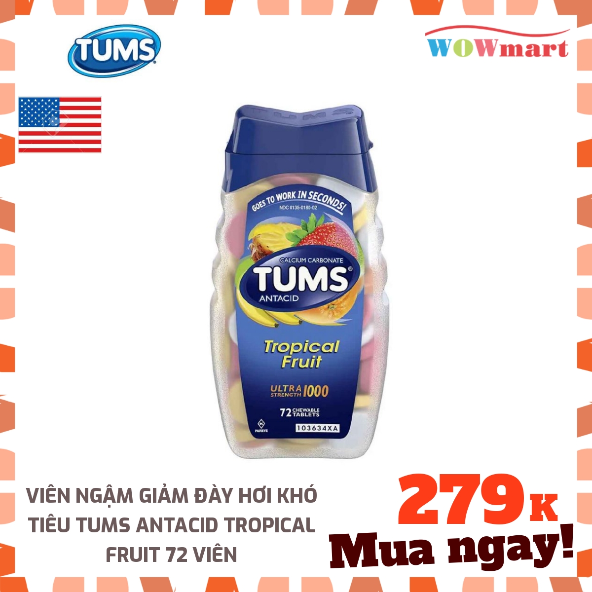 Viên ngậm giảm đày hơi khó tiêu Tums Antacid Tropical Fruit 72 viên - [MỸ]
