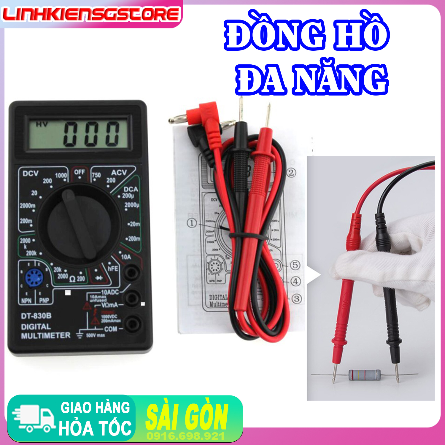 Đồng Hồ Đo Điện Vạn Năng 830 Màn LCD Đo Điện Áp Điện Trở AC / DC Đã Kèm Pin