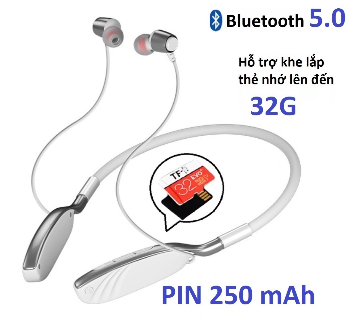 Tai nghe bluetooth nhét tai quàng cổ D01,Tai nghe bluetooth thể thao âm thanh 9D stereo,hifi, siêu bass, pin 250 mAH, hỗ trợ khe lắp  thẻ nhớ lên đến32GB.