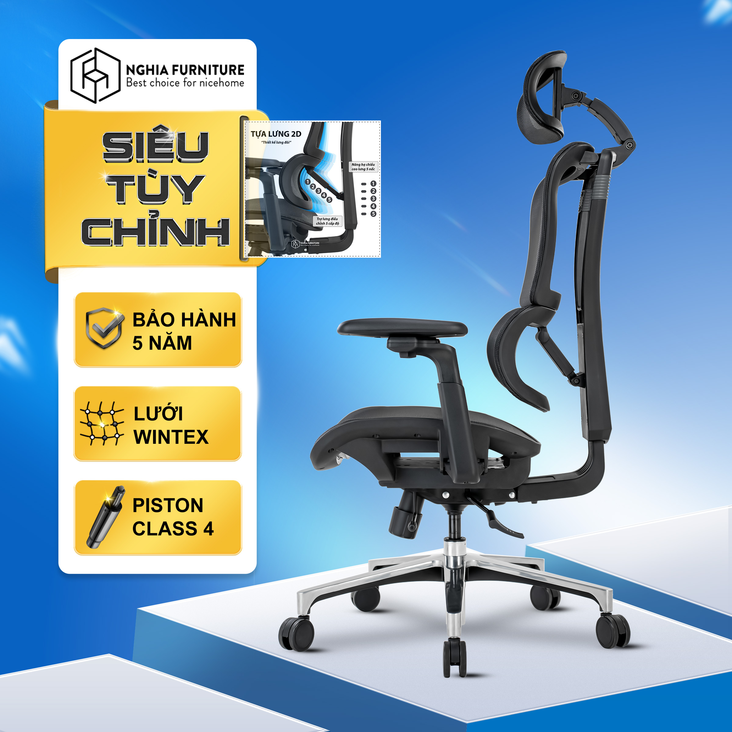 Ghế Công Thái Học NghiaFurniture Lumbar - Bảo hành 5 năm - Ghế xoay văn phòng làm việc hỗ trợ lưng mạnh mẽ với nhiều tính năng khủng