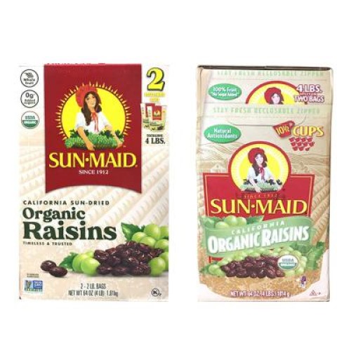 Nho khô xanh không hạt hữu cơ Natural Sun-Maid California Organic Raisins hộp 1.814kg của Mỹ gồm 2 túi bên trong, mỗi túi 907gr