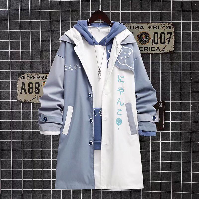 Áo khoác hoodie dáng rộng dài qua gối in hoạt hình mèo kiểu nhật bản thời trang xuân thu cho nam