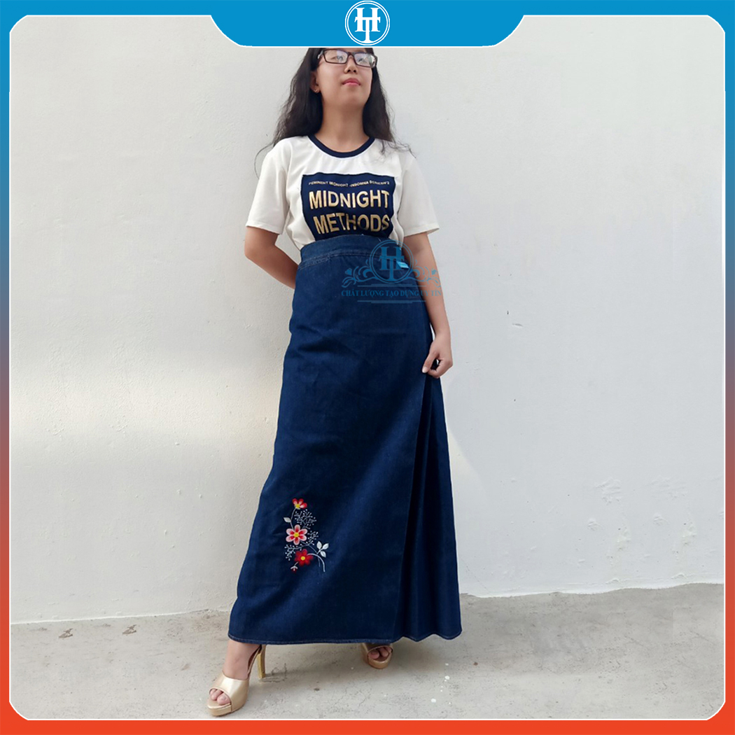 Chân váy Chống Nắng Jean Nữ Cao Cấp Vải Cotton Dày Dặn Có Túi Và Thêu Hoa Đào JHT107 H&T FASHION