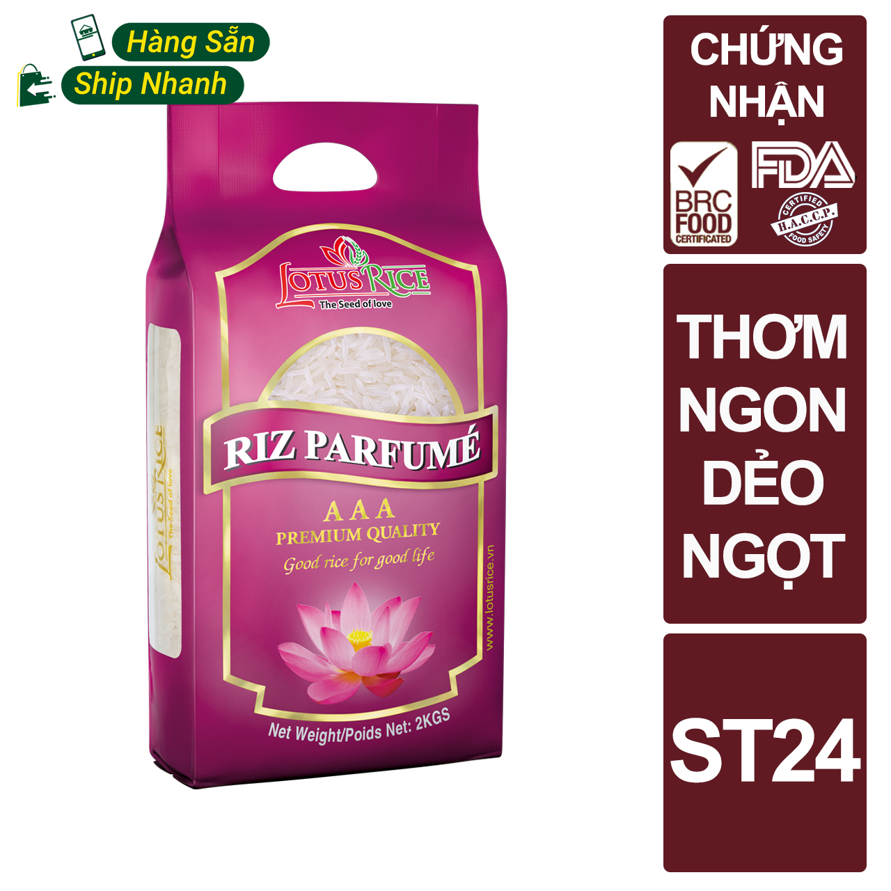 Gạo Thơm Thượng Hạng thơm ngon dẻo nhiều Nàng Sen 2kg -  - Chuẩn nhà hàng 5 sao - Đạt nhiều chứng nhận an toàn thực phẩm