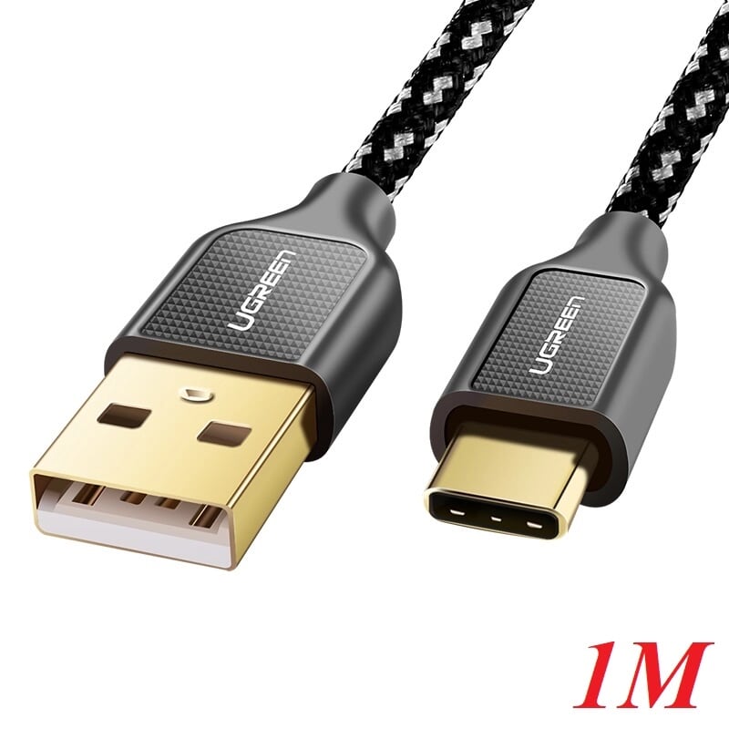 Ugreen 50143 1m màu đen cáp sạc truyền dữ liệu usb 2.0 sang type c vỏ bọc lưới đầu mạ vàng us259
