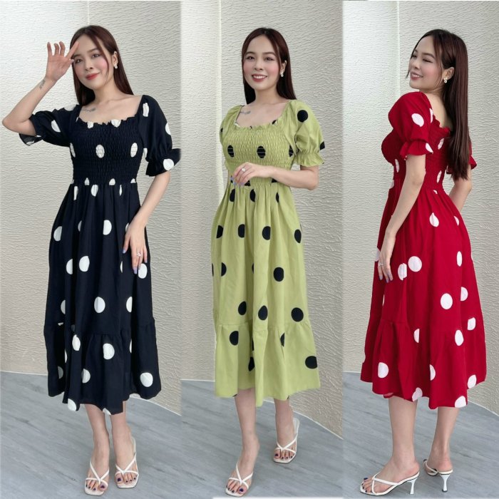 Đầm xòe nhún thun chấm bi tay phồng Misa Fashion - MS0164