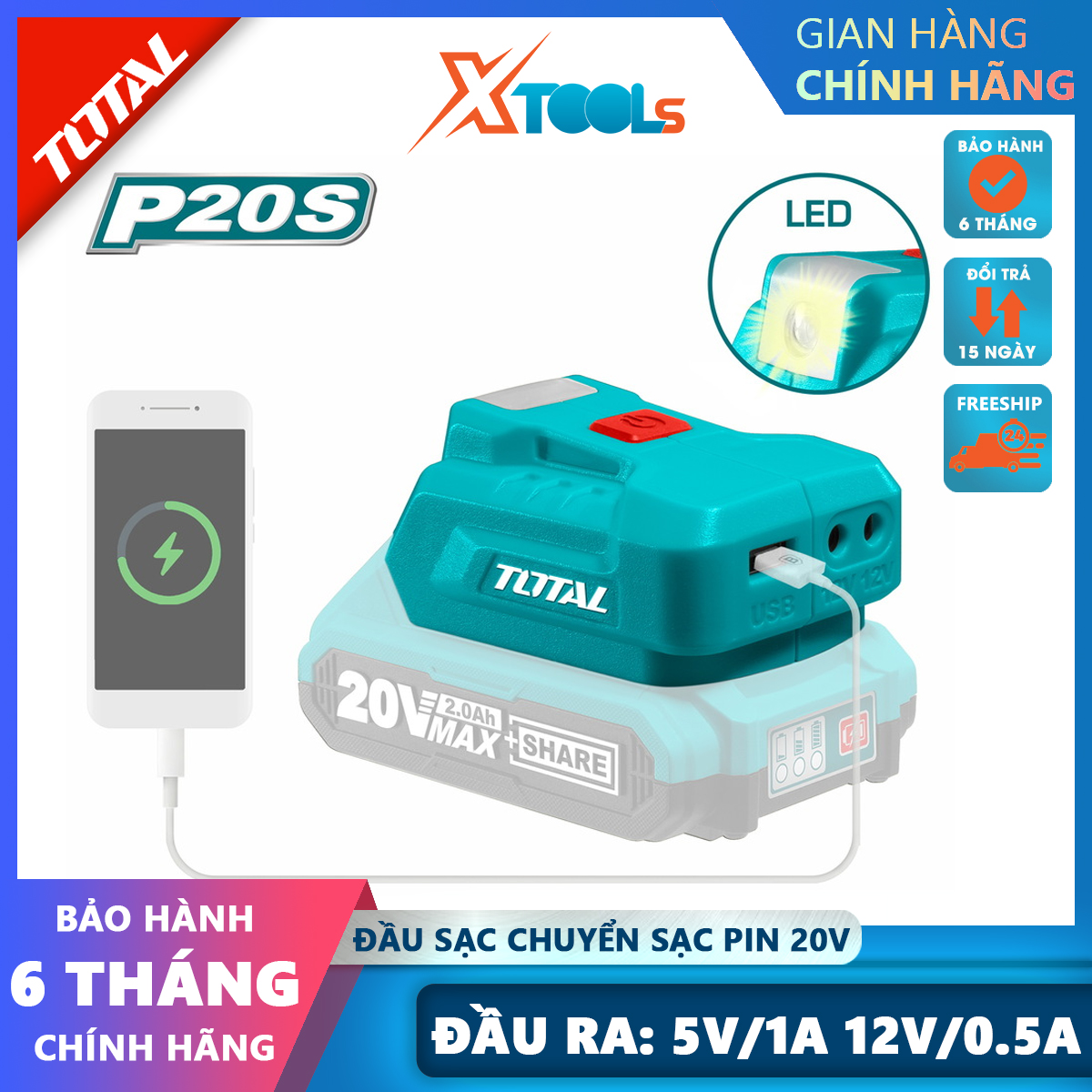 Đế sạc pin có cổng USB Total TUCLI2002 mã mới Cục sạc pin có cổng USB có Công suất đầu ra: 5V / 1A 5V / 2A Điện thế: 20V