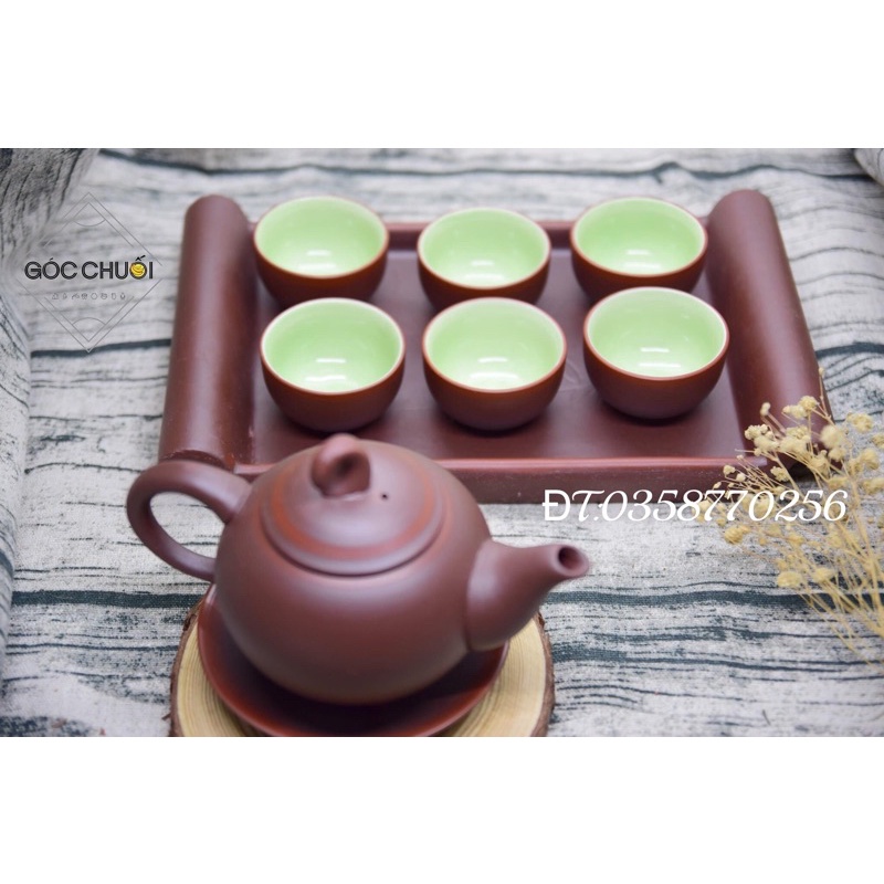 Bộ ấm chén uống trà đất nung đỏ đắp tay thủ công Bát Tràng cực đẹp