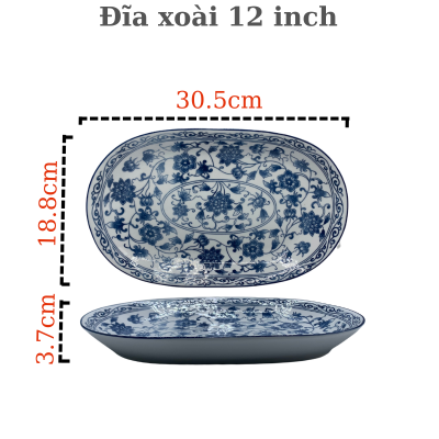 Đĩa xoài gốm sứ hoa cổ cao cấp 30cm, dĩa hột xoài cao cấp gốm sứ hoa cổ 12 inch