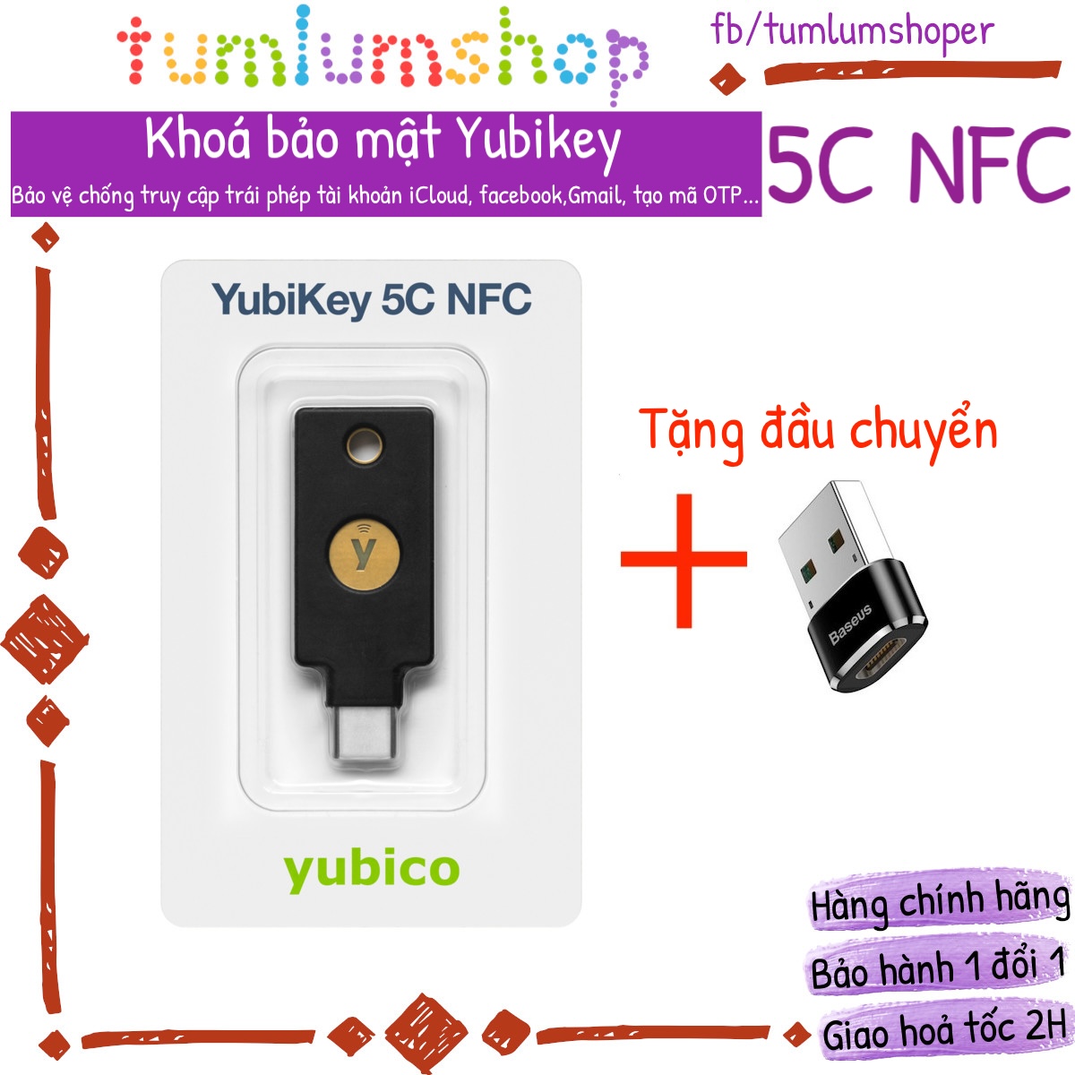 Khoá bảo mật yubikey 5c nfc - thiết bị xác thực 2 yếu tố hỗ trợ chuẩn fido 2, u2f, webauth
