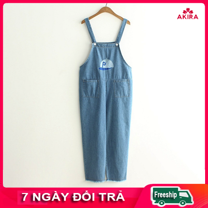 Quần yếm jean dài nữ vải jean bò mềm mại phong cách mori Nhật Bản Akirastore