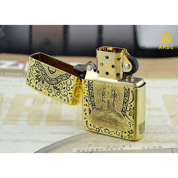 Bật lửa zippo đồng nguyên khối khắc 4 mặt hình phật tổ - ruột vàng mỡ gà