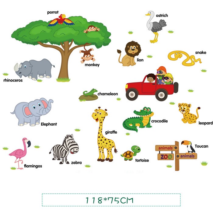 Decal dán tường tên tiếng anh các con vật trong vườn bách thú kích thước 118x75cm