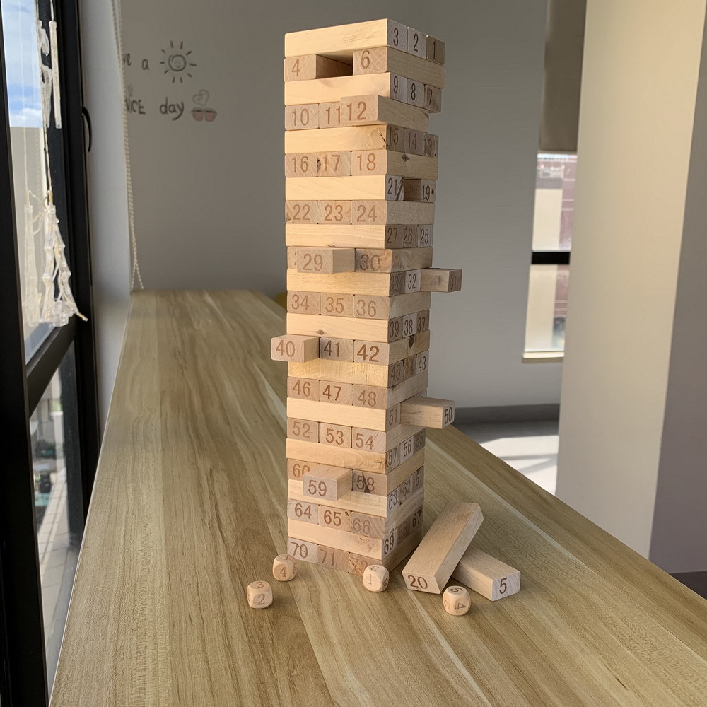 [ Size lớn 72 miếng gỗ - 1,2kg - 4 hột xúc xắc 6 mặt - video tham khảo ] Bộ Trò Chơi Rút Gỗ Jenga Wooden Toys Gỗ Mài Giũa Xịn An Toàn Cho Bé