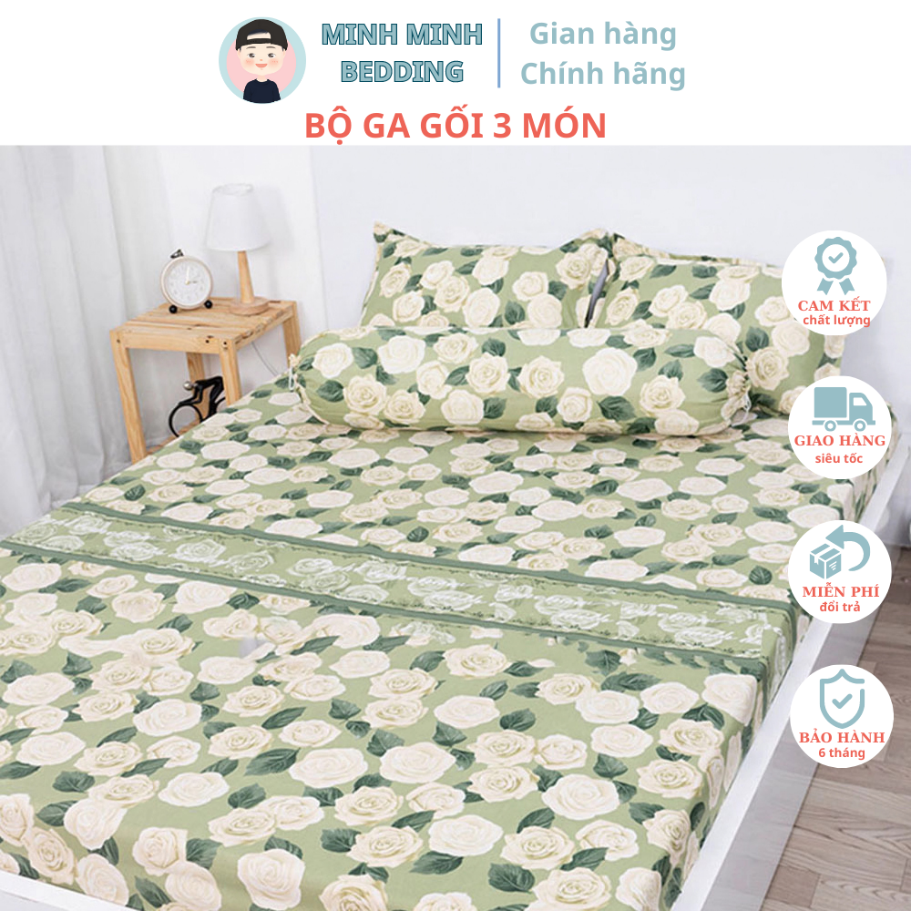 Bộ 3 món Ga bo chun bọc đệm, Ga trải giường kèm 2 vỏ gối đầu mẫu HOA HỒNG XANH , Ga chun trải giường nhiều kích thước M2/M6/M8/2M2 - MinhMinh Bedding
