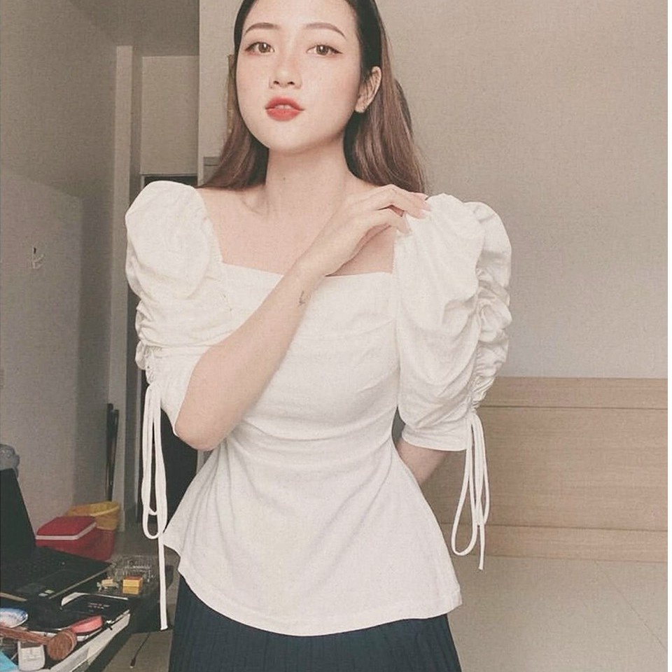 Áo Peplum Cổ Rộng Tay Lỡ Phối Dây Rút