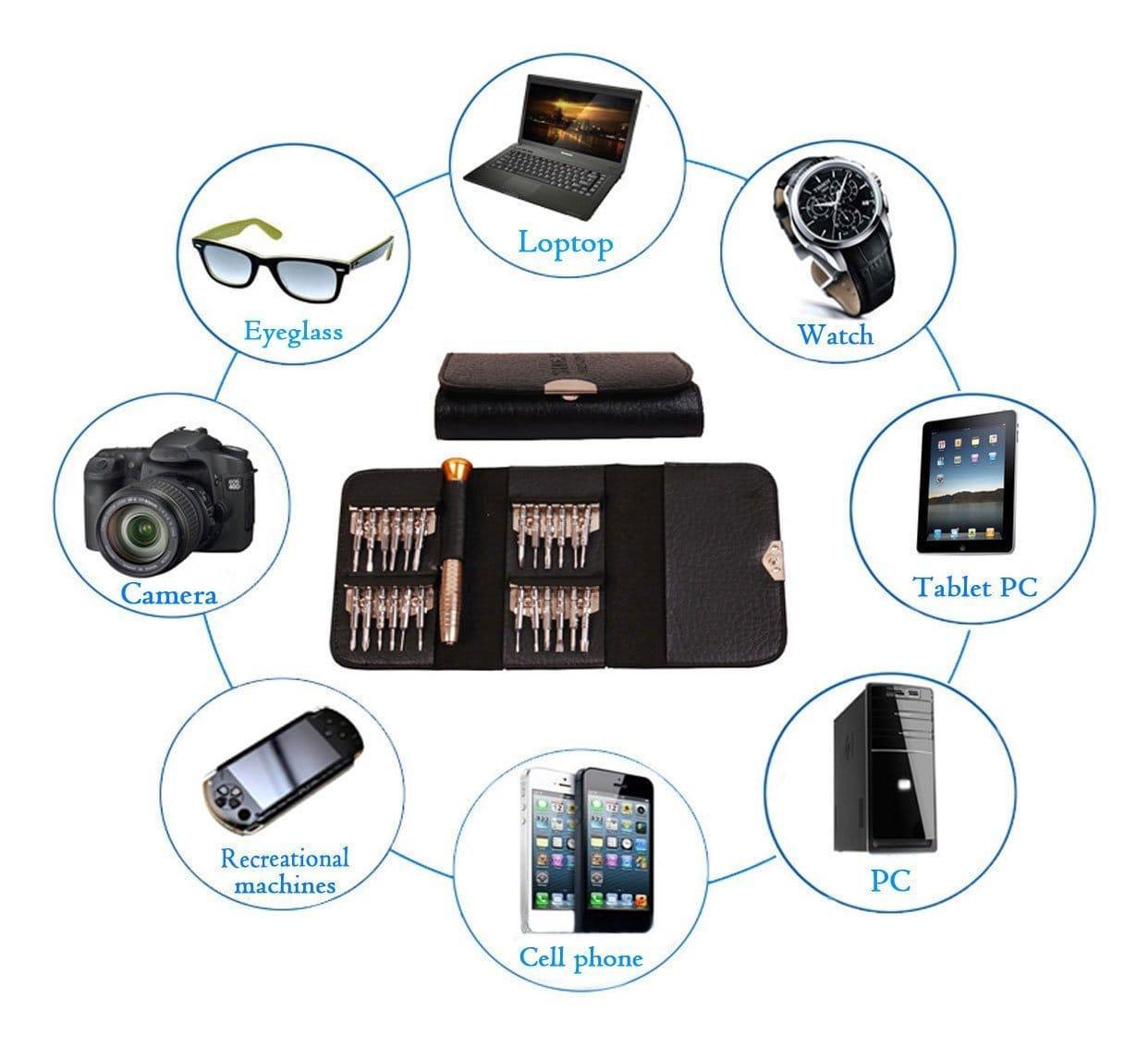 Bộ Tô Vít Ví Da 25 in 1 Siêu Tiện Lợi, Đầu Vặn Với Nhiều Kiểu Dáng và Kích Cỡ, Sửa Chữa Điện Thoại, Kính, Bảo Hành Uy Tín Bởi Belmons