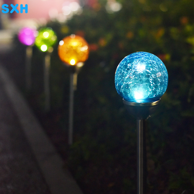 SXH  Solar Lamp Glass Lamp Stainless Steel Plug Lamp Outdoor Garden Waterproof Colorful Decorative Lamp Crack Ball Lawn Lamp