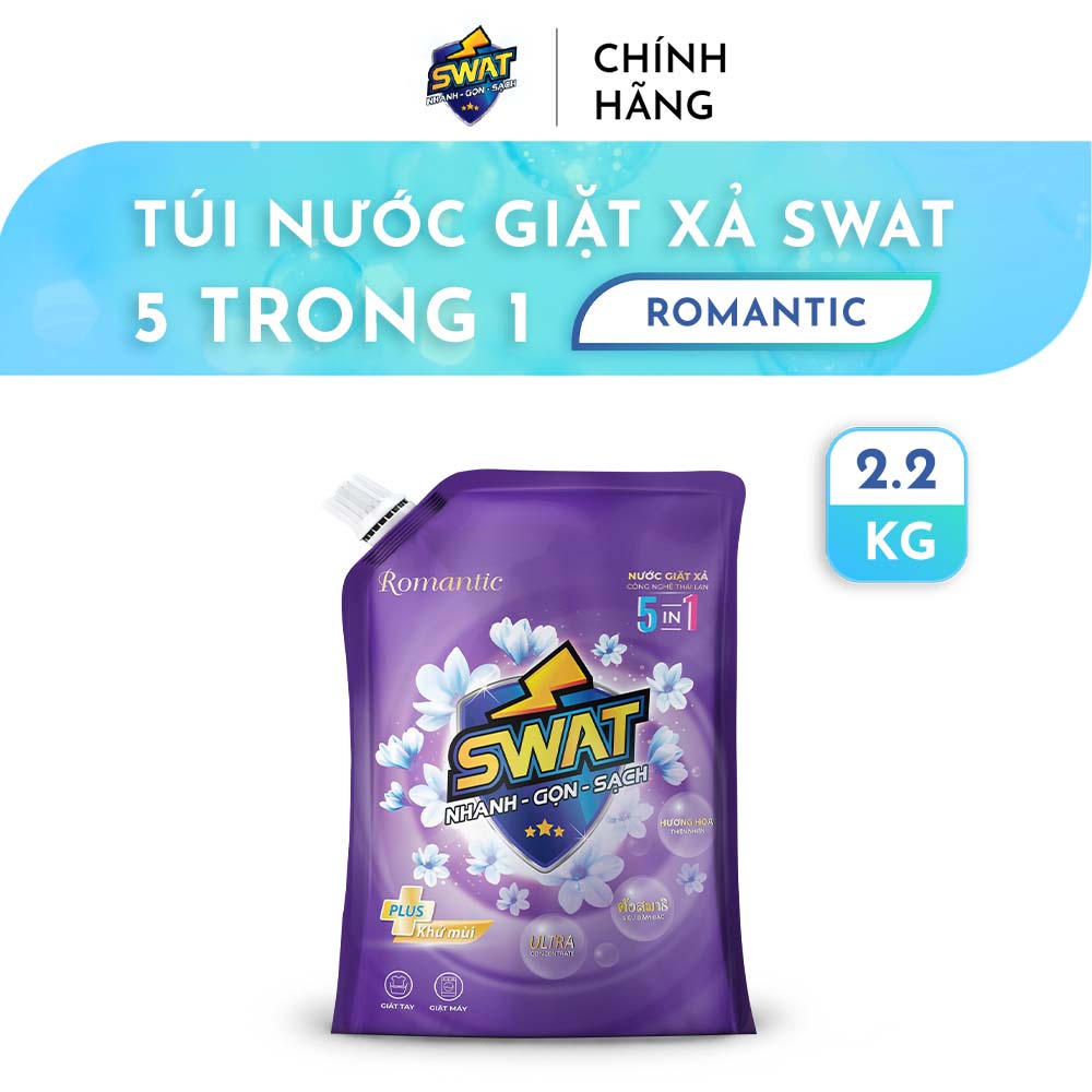 Nước Giặt Xả 5 In 1 Swat Hương Romantic Siêu Thơm Túi 2.2Kg - Siêu Tiết Kiệm Giúp Diệt Khuẩn Lưu Hương Lâu - Cleanhouse