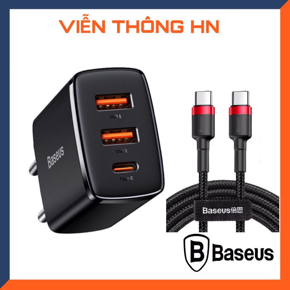 Bộ cốc sạc nhanh Baseus 3 cổng pd 30w  kèm dây sạc type c to type c  - củ sạc kèm cáp sạc 2 đầu type c cho mã đt  samsung xiaomi huawei vivo