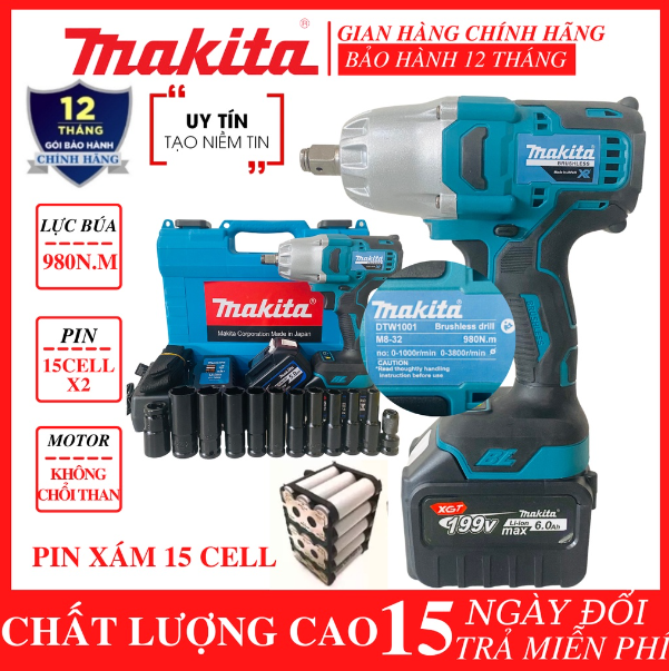 Máy siết bulong xe hơi Makita 199v lực siết 980 N.m 2 PIN 15 cell Máy bắn bulong lực siết Lớn mở ốc 40