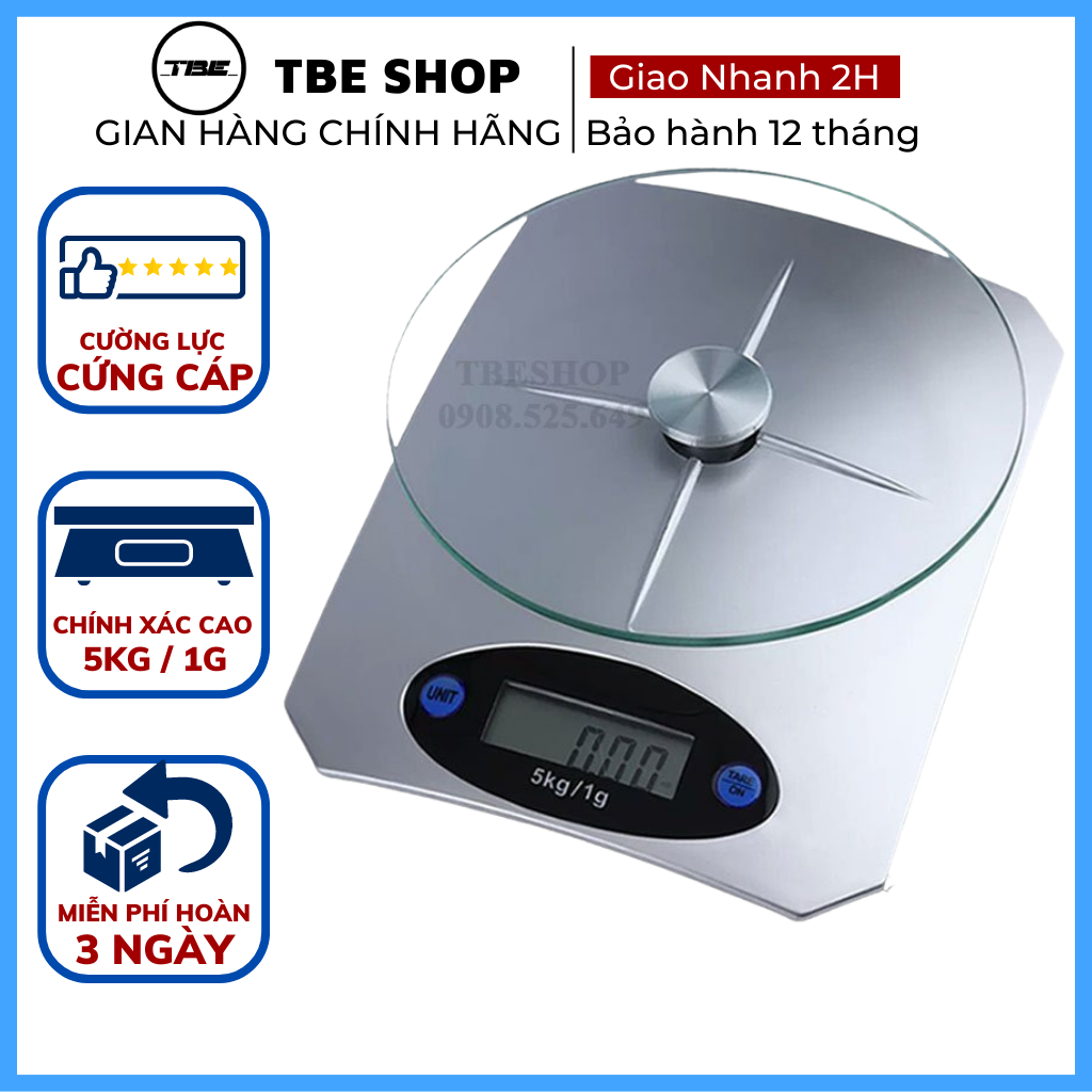 Cân Tiểu Ly Điện Tử Mini Nhà Bếp 5kg Mặt Kính Cường Lực Chắc Chắn Độ Chính Xác Cao Đến 1g - Bảo Hành 1 Năm ( Màu Bạc )