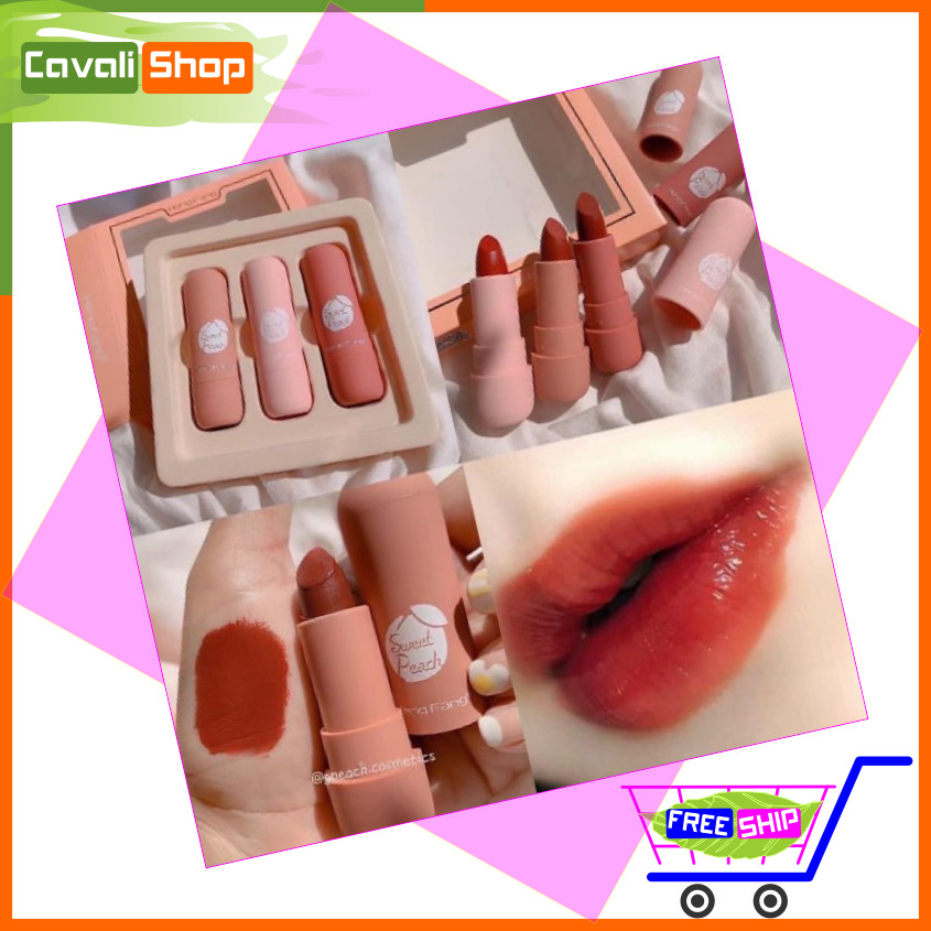 [HCM]Set son lì 3 cây HengFang Sweet Peach hình trụ - Cavali - Chất son sáp bền màu tone màu chuẩn thời thượng