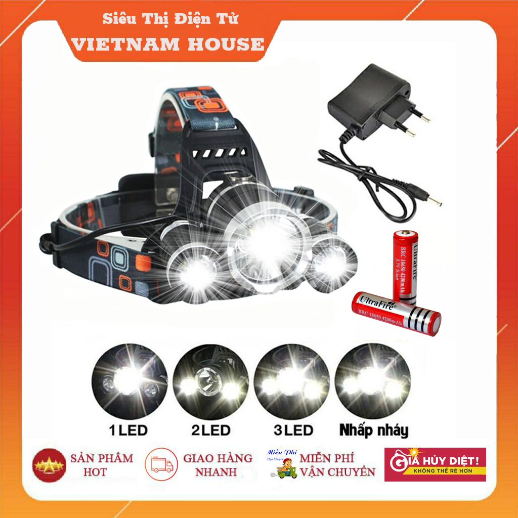 Loại 1 || đèn pin đội đầu headlight 3 bóng trắng siêu sáng - tặng kèm 2 pin, đèn đội đầu 3 bóng t6 có bảo hành.