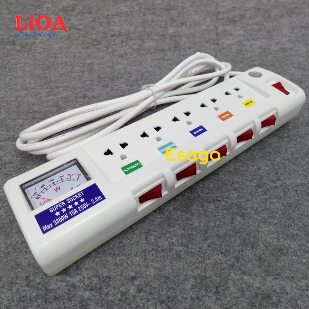 Ổ cắm điện công suất lớn LIOA 5 ổ cắm 3 lõi dây có đồng hồ báo công suất - Màu trắng (Dòng cao cấp)