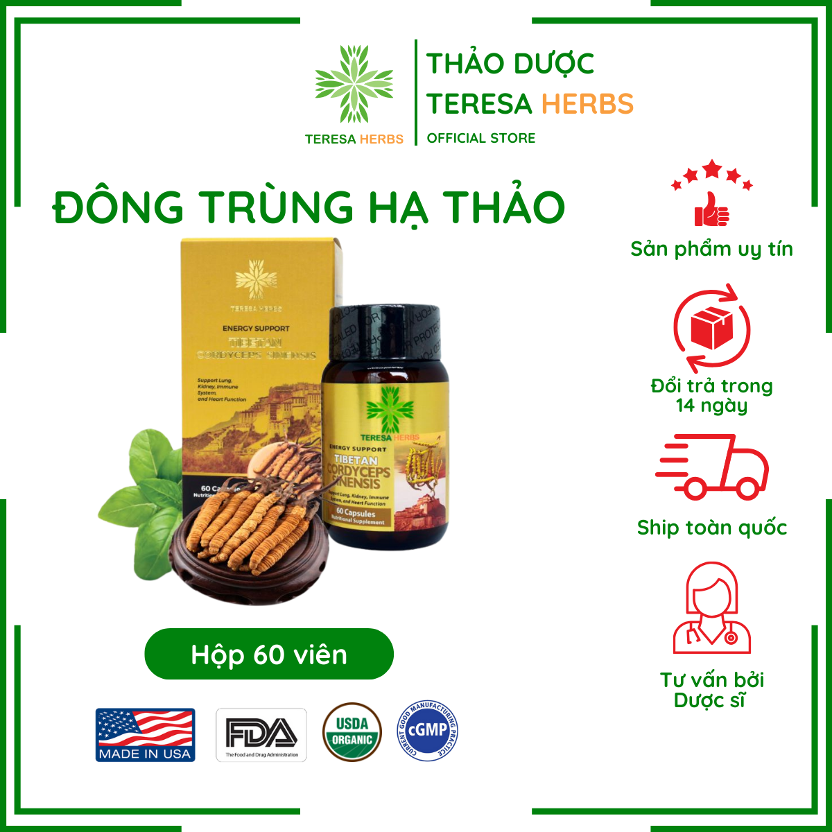 Viên Đông Trùng Hạ Thảo Tây Tạng Cao Cấp TERESA HERBS, Hỗ trợ Bổ Thận, Bổ Phổi, Bổ Tim, Tăng Sức Đề Kháng 60 viên