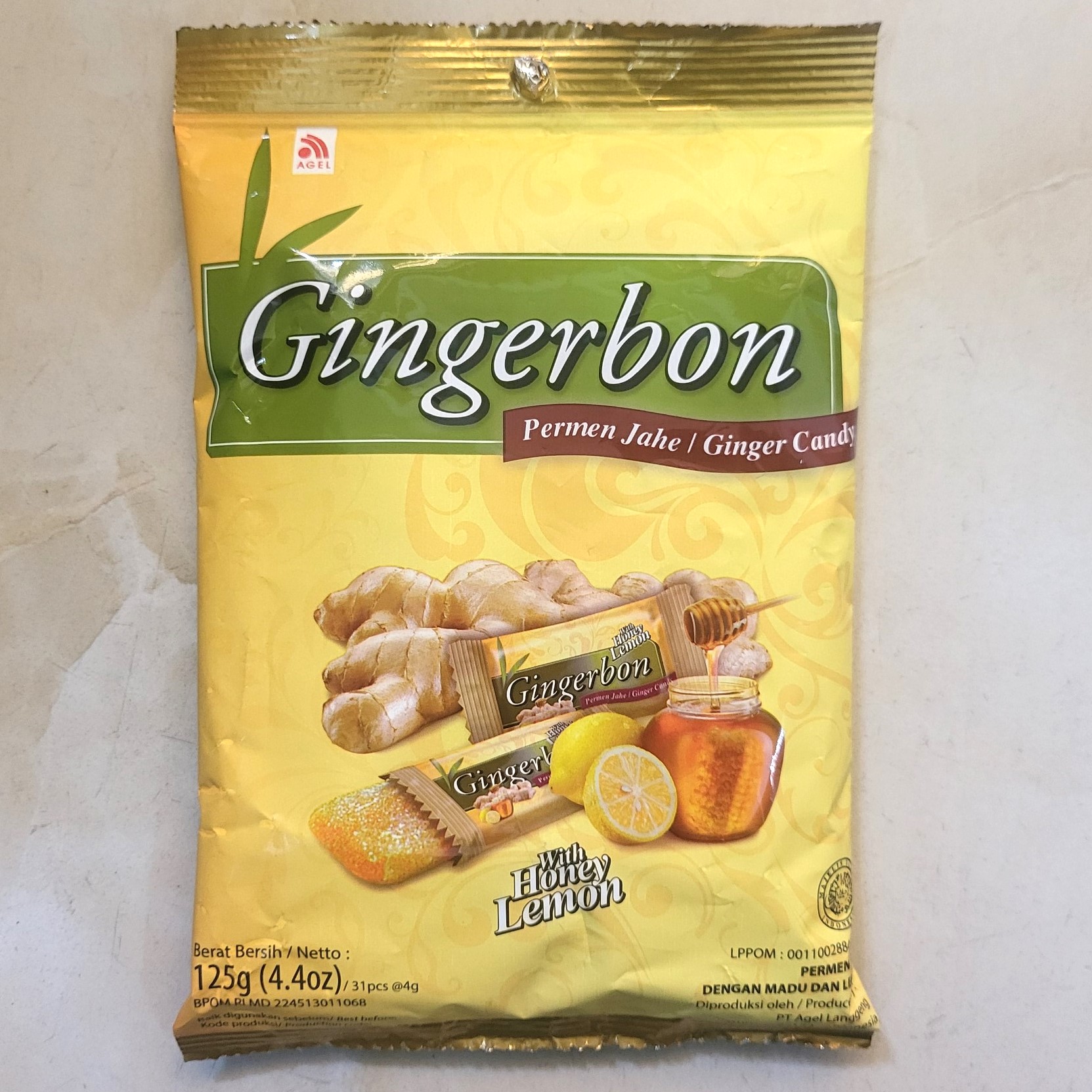 GINGERBON (gói VÀNG 125g) KẸO GỪNG CHANH MẬT ONG (mềm) Ginger Candy with Honey Lemon (HALAL)