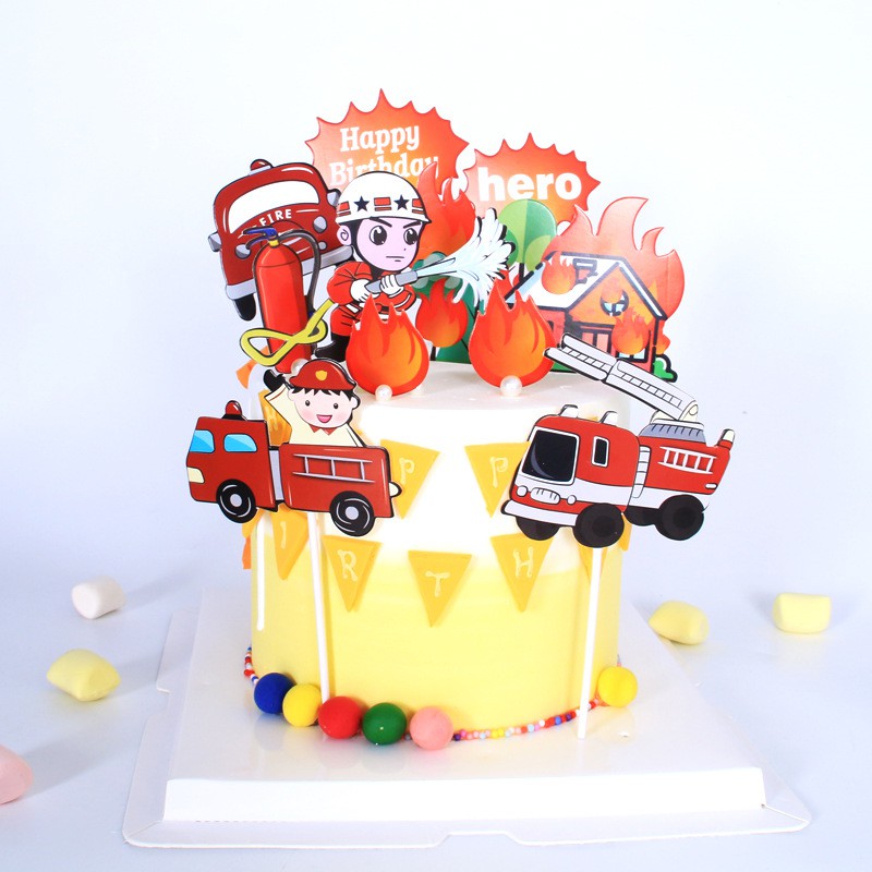 Topper Set Cắm Bánh kem Thẻ Giấy Lính Cứu Hỏa trang trí bánh kem, phụ kiện bánh sinh nhật