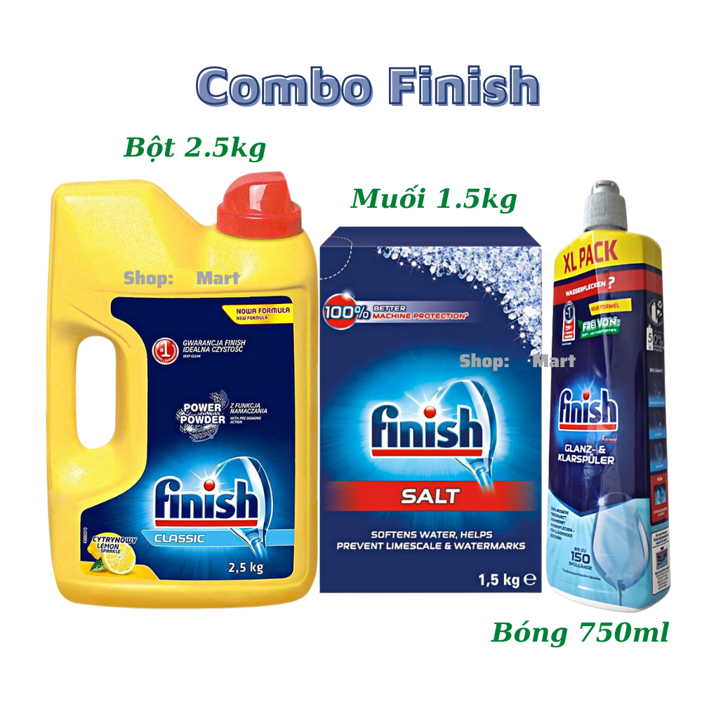 Combo Bột rửa bát Finish + muối finish 1.5kg + bóng finish 750ml chuyên dùng cho máy rửa bát