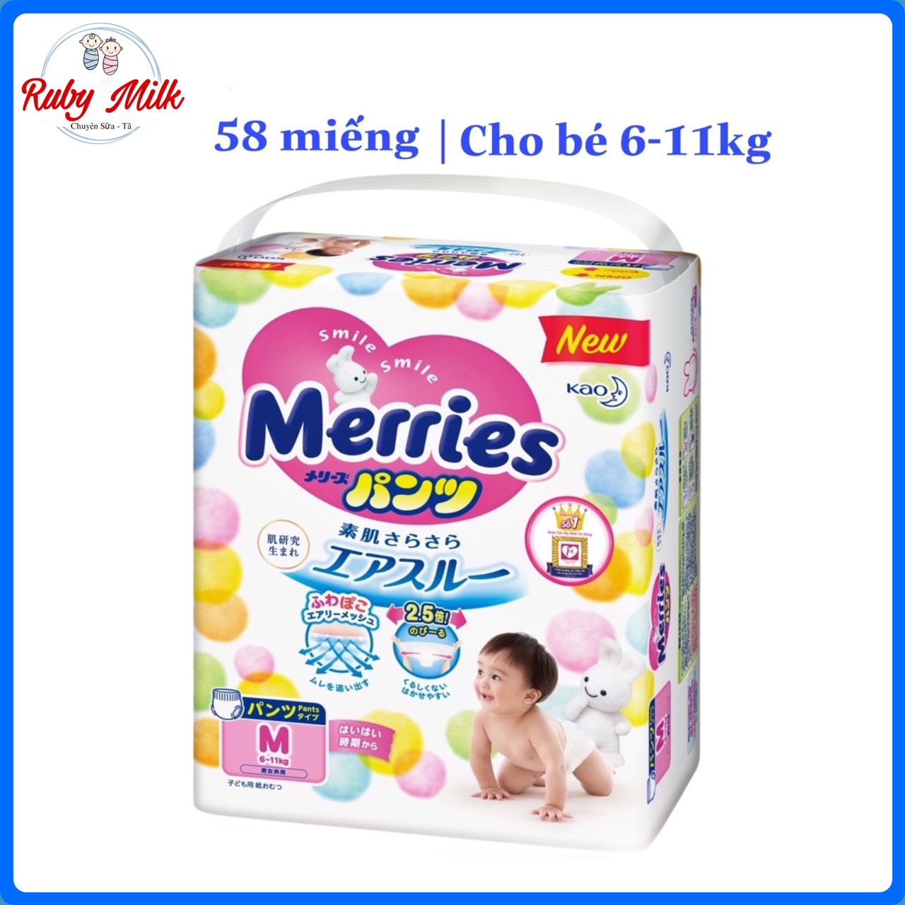Bỉm tã quần Merries size M 58 miếng Cho bé 6 - 11kg