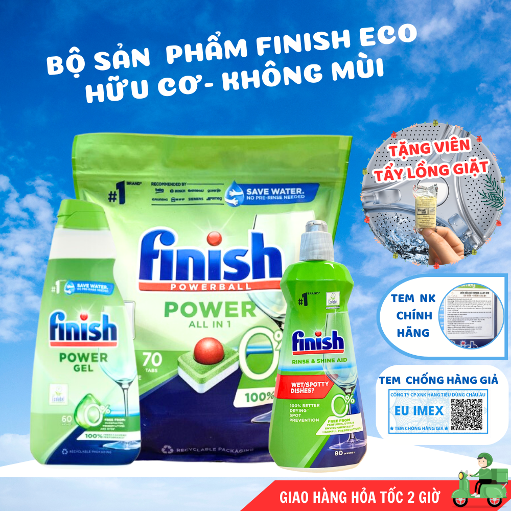 Viên rửa bát Finish ECO 70v, gel rửa bát finish eco, nước bóng finish eco hữu cơ thân thiện an toàn