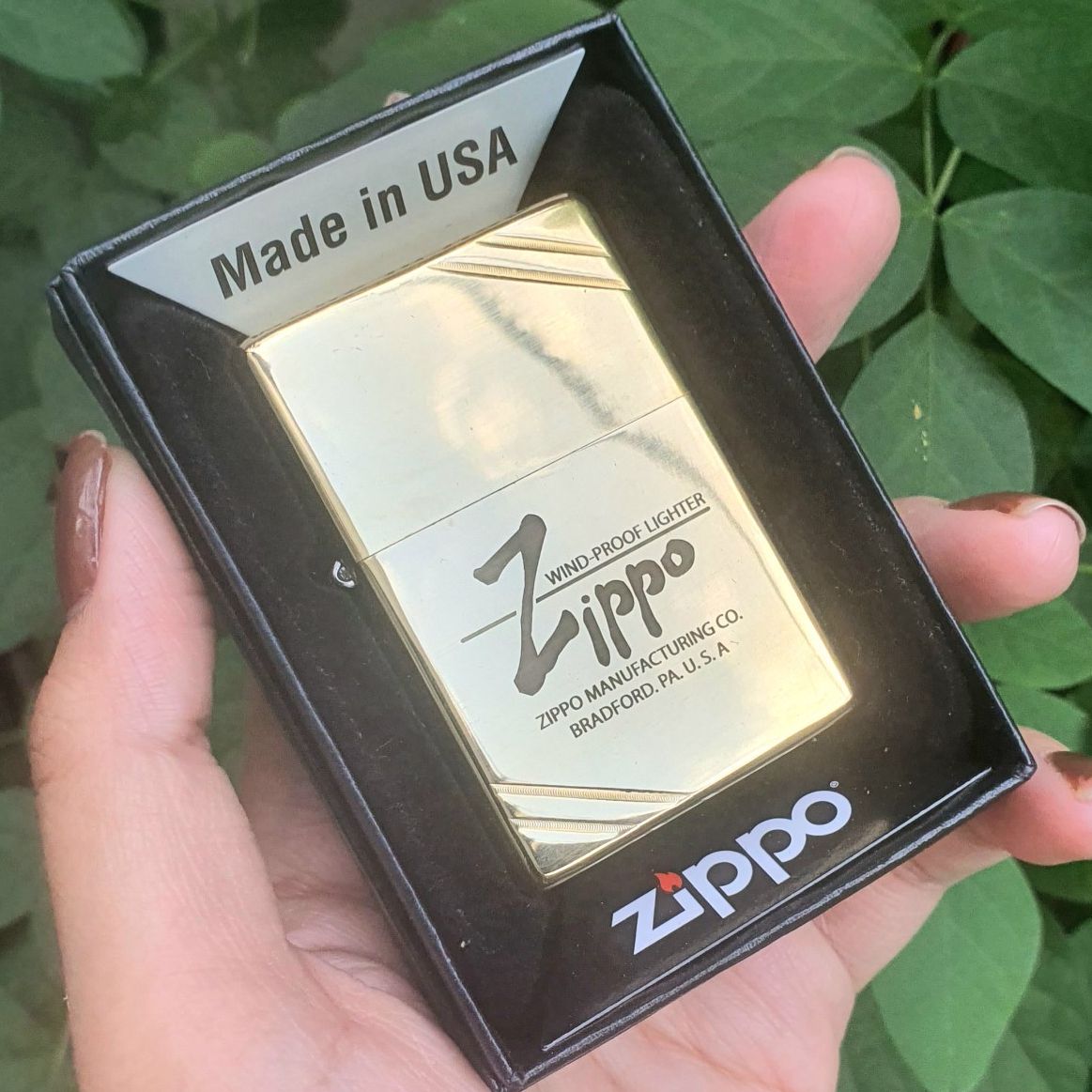 ( Chính Hãng ) Bật Lửa Zippo Đồng Khối Wind-Proof Chặt Góc Đáy Ngược Gạch Xéo Năm 1977 ( Tặng Phụ Kiện ) Hột Quẹt Xăng Đá Zippo