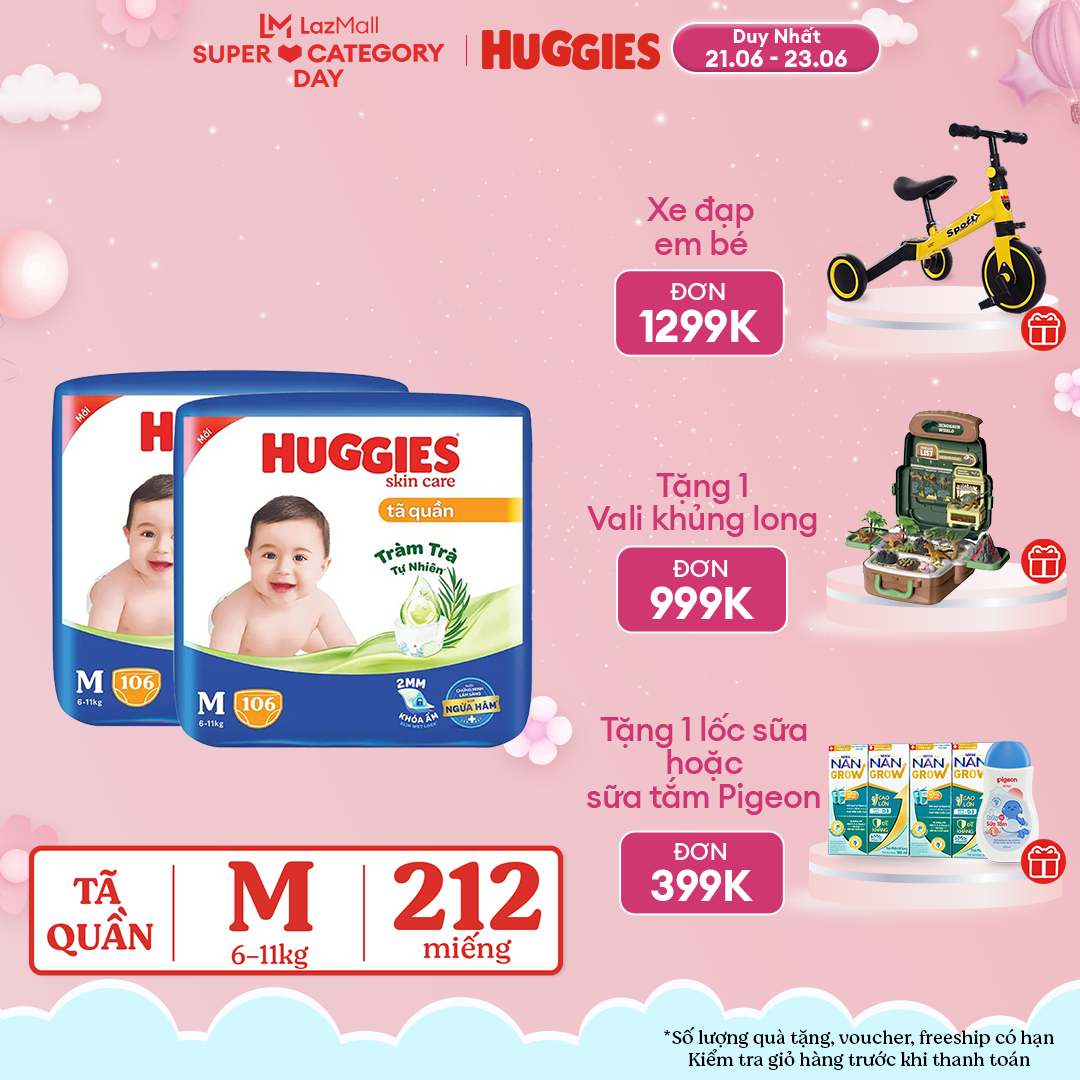 [CHỈ 21.6-24.6 GIẢM THÊM ĐẾN 130K] Combo 2 Gói Tã/bỉm quần HUGGIES SKINCARE MEGA JUMBO size M106 miếng