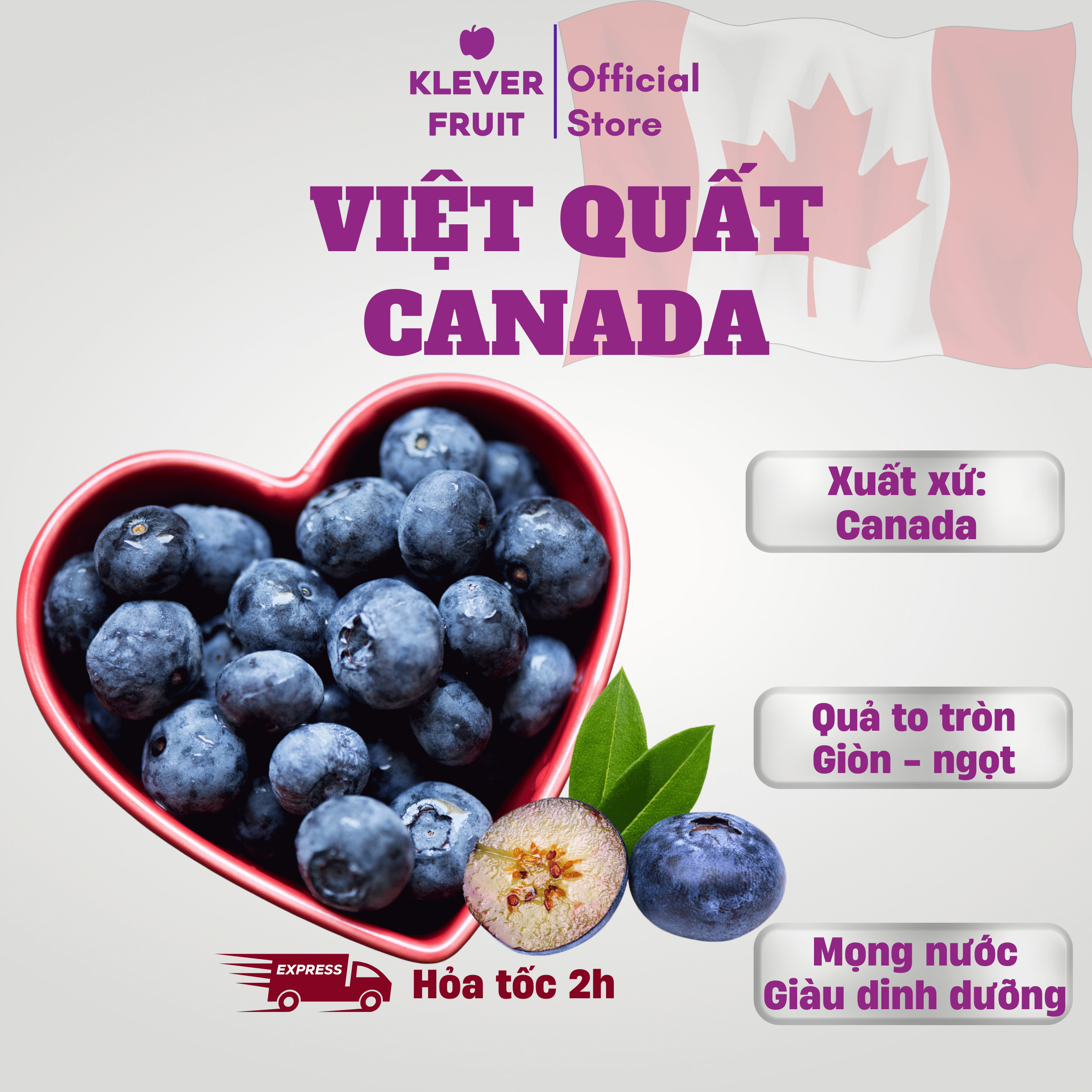 Việt Quất Canada - Quả to giòn ngọt giàu dinh dưỡng - Canadian Blueberry - Hộp 125gr - Trái Cây Nhập Khẩu Klever Fruit