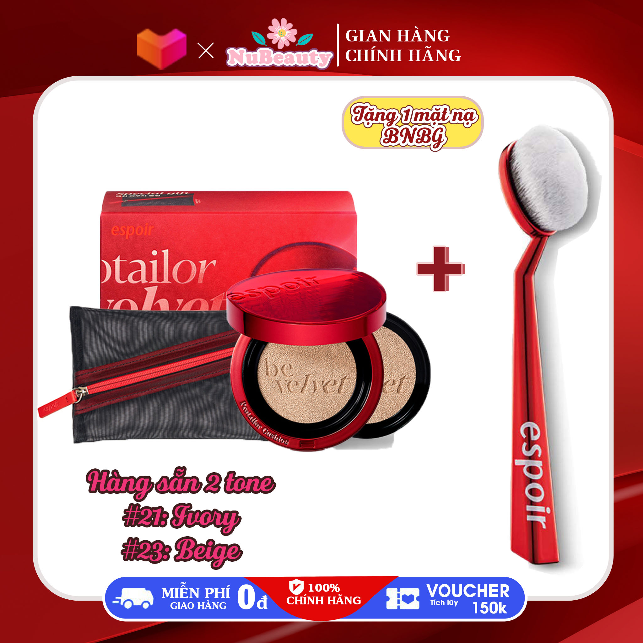 "Sẵn Hàng" Combo Cọ Tán Kem Nền Và Phấn Nền Espoir Super Soft Face Brush Cọ trang điểm chuyên nghiệp sợi lông mềm mịn sợi nhỏ 0001mm Cây Cọ đánh Phấn Nước Che Phủ Hoàn Hảo Espoir Pro Tailor Be Velvet Cover Cushion tặng kèm lõi túi