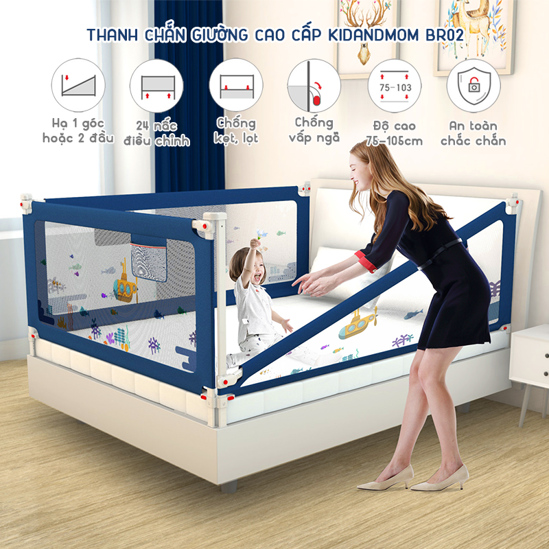 Thanh chắn giường bảo vệ an toàn cho bé KidAndMom BR02 và BR23 cao 105cm chống kẹt chống vấp ngã 24 nắc điều chỉnh hạ 1 góc hoặc 2 góc