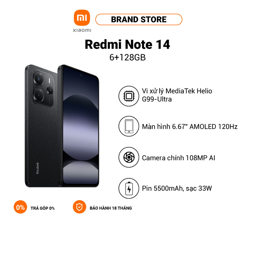 Điện thoại thông minh Redmi Note 14 (6+128GB) | Camera AI 108MP | MediaTek Helio G99-Ultra | Pin 5500mAh