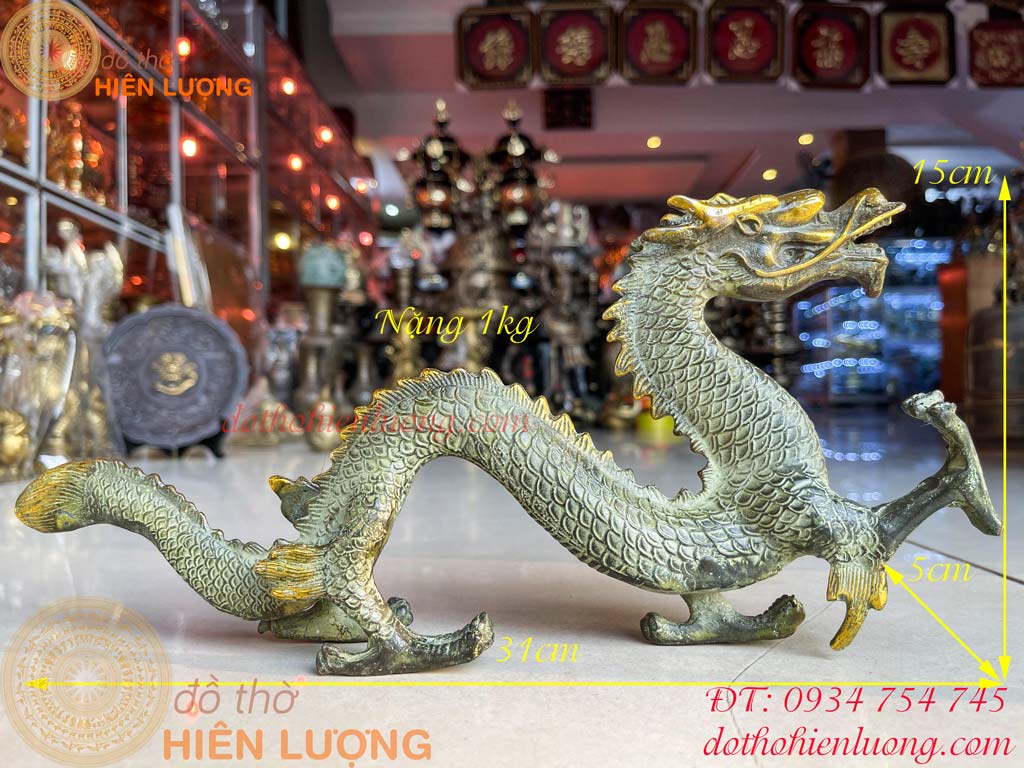 Tượng rồng bằng đồng phong thủy màu xanh giả cổ - dxrxc: 31x5x15cm nặng 1kg
