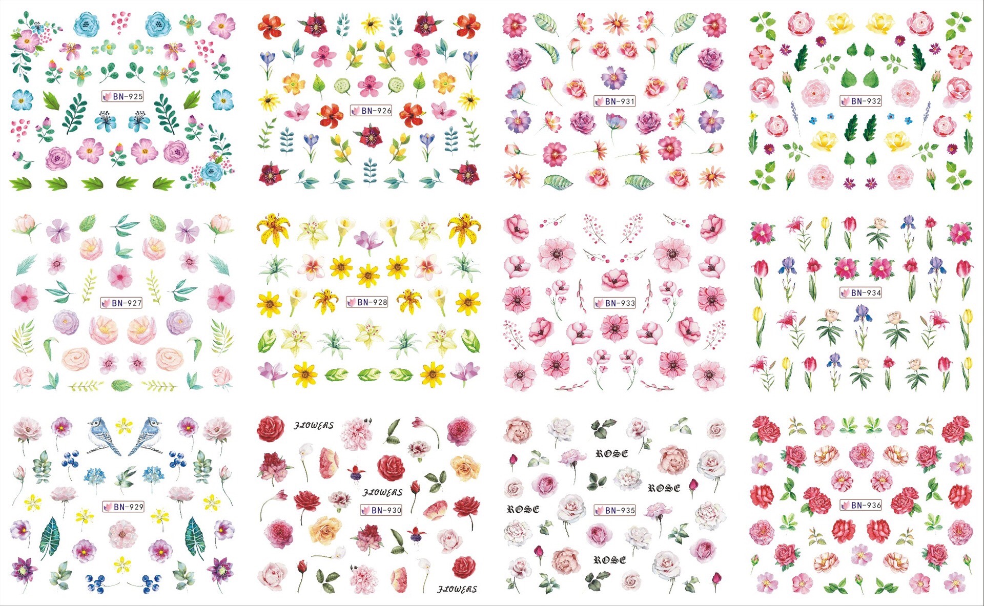 Set 12 Sticker Nga, nhãn dán trang trí móng Bộ sưu tập Hoa siêu mỏng