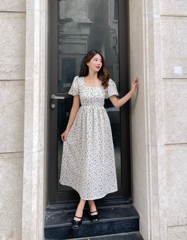 Miều_đầm dài tay phồng khoét eo evie