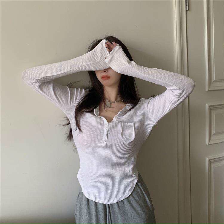 Áo Thun Dài Tay Nữ Áo CopTop Nữ Bo Gân Phối Cổ Cá Tính Phong Cách