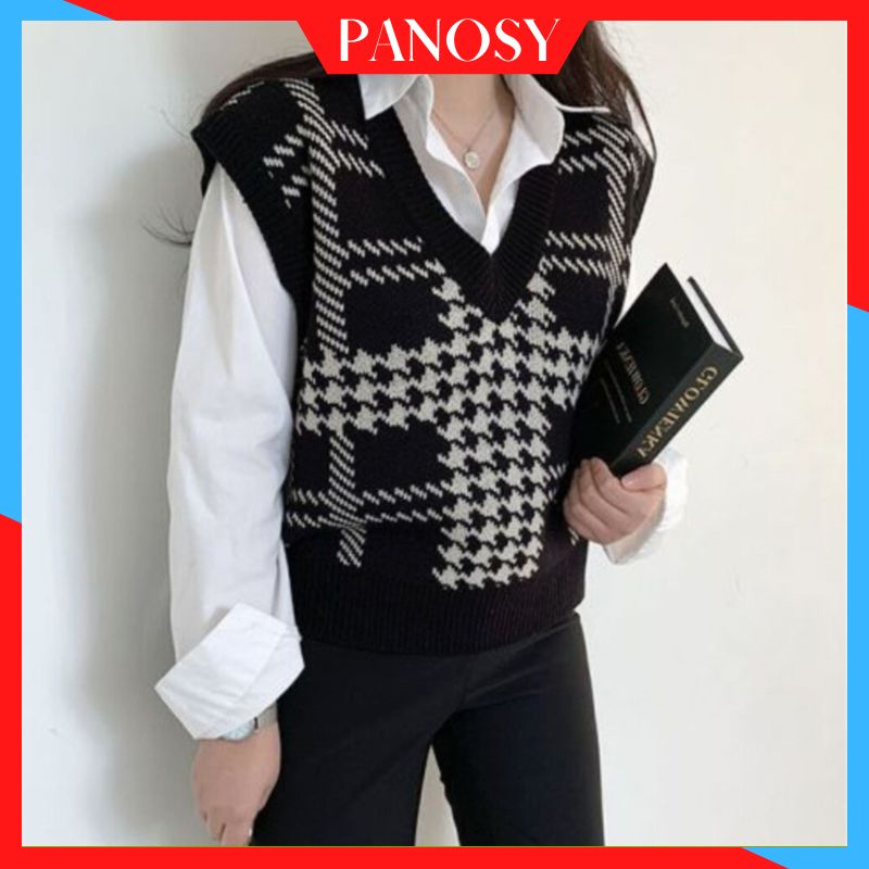Áo gile len nữ áo gile phối màu đen trắng họa tiết trẻ trung xinh xắn PANOSY - A106